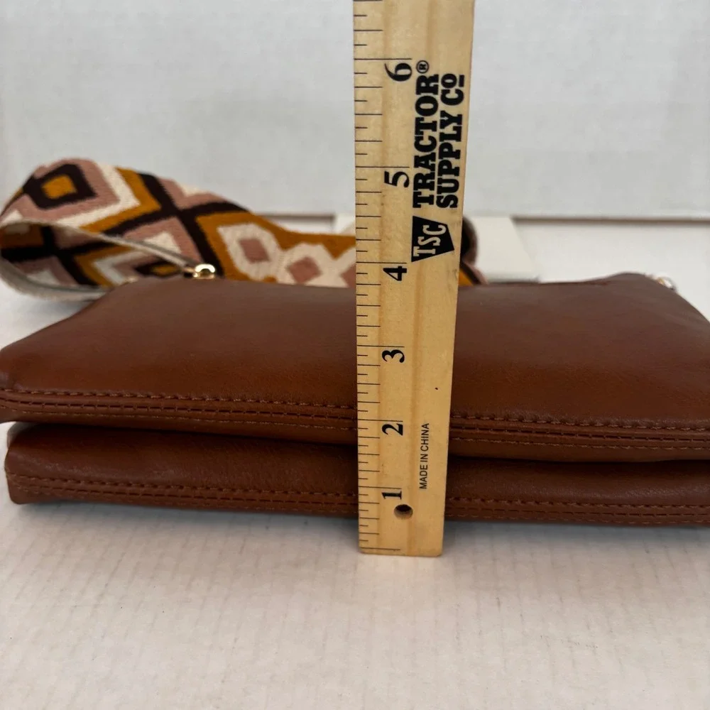 Metro Muse Crossbody Bag‎ Women  Brown Vegan Leather Geometric Guitar Strap NWT